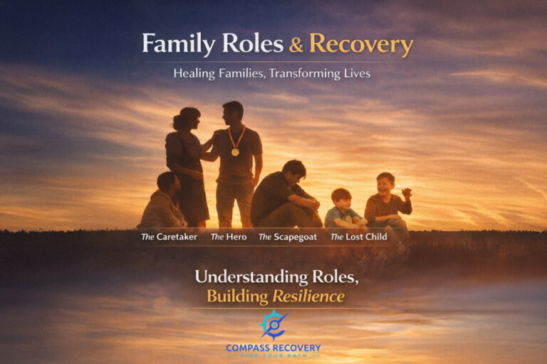 Silhouetted family members at sunset with overlaid text reading “Family Roles & Recovery – Healing Families, Transforming Lives,” highlighting roles such as The Caretaker, The Hero, The Scapegoat, and The Lost Child, and emphasizing understanding roles and building resilience.